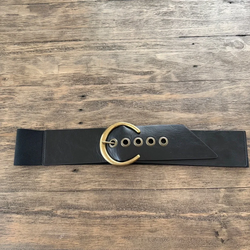 Black Wide‎ Elastic Waist Belt Gold Buckle Plus Size 2X/3X Stretchy